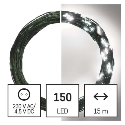 VR NANO řetěz, 150 LED, IP44, 15m Vánoční nano řetěz, venkovní/vnitřní, stále svítící, 150 LED, studená, svítící část l=15m, přívodní kabel zelená l=5m, vč. Adaptéru 230V, IP44, časovač 6h/18h nebo stále