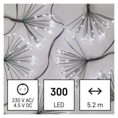 VR řetez trsy, 300 LED, 5,2m Vánoční nano řetěz, trsy, vnitřní, stále svítící, 300 LED, studená, svítící část l=5,2m, přívodní kabel zelený l=3m, vč. Adaptéru 230V, IP44, časovač 6h/18h nebo stále