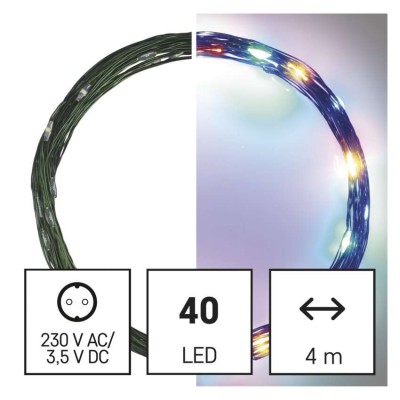 VR NANO řetěz, 40 LED, IP44, 4m Vánoční nano řetěz, venkovní/vnitřní, stále svítící, 40 LED, vícebarevný, svítící část l=4m, přívodní kabel zelená l=5m, vč. Adaptéru 230V, IP44, časovač 6h/18h nebo stále