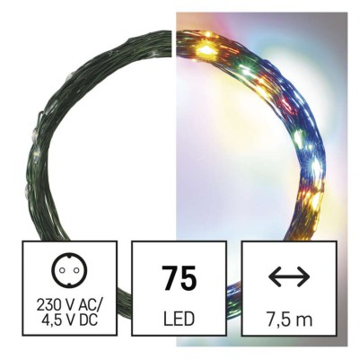 VR NANO řetěz, 75 LED, IP44, 7,5m Vánoční nano řetěz, venkovní/vnitřní, stále svítící, 75 LED, vícebarevný, svítící část l=7,5m, přívodní kabel zelená l=5m, vč. Adaptéru 230V, IP44, časovač 6h/18h nebo stále
