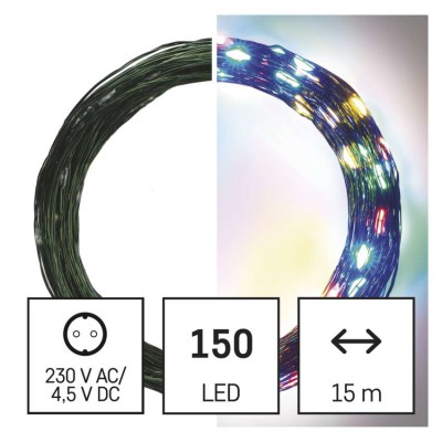 VR NANO řetěz, 150 LED, IP44, 15m Vánoční nano řetěz, venkovní/vnitřní, stále svítící, 150 LED, vícebarevný, svítící část l=15m, přívodní kabel zelená l=5m, vč. Adaptéru 230V, IP44, časovač 6h/18h nebo stále
