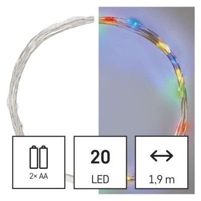 VR NANO řetěz 20 LED, baterie 2xAA, IP20, 1,9m Vánoční nano řetěz, vnitřní, stále svítící, 20 LED, vícebarevný, svítící část l=1,9m, přívodní kabel stříbrná l=0,5m, na baterii 2xAA, 1,5V, IP20, časovač 6h/18h nebo stále