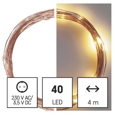 VR NANO řetěz, 40 LED, IP44, 4m Vánoční nano řetěz, venkovní/vnitřní, stále svítící, 40 LED, teplá, svítící část l=4m, přívodní kabel měděná l=5m, vč. Adaptéru 230V, IP44, časovač 6h/18h nebo stále