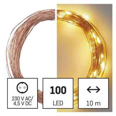 VR NANO řetěz, 100 LED, IP44, 10m Vánoční nano řetěz, venkovní/vnitřní, stále svítící, 100 LED, teplá, svítící část l=10m, přívodní kabel měděná l=5m, vč. Adaptéru 230V, IP44, časovač 6h/18h nebo stále