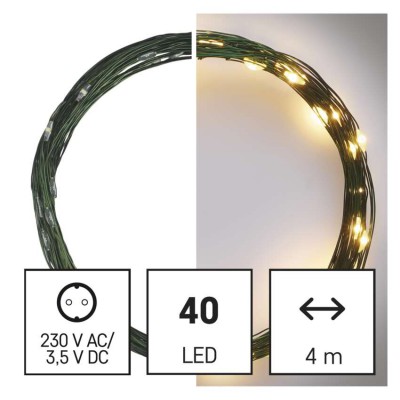 VR NANO řetěz, 40 LED, IP44, 4m Vánoční nano řetěz, venkovní/vnitřní, stále svítící, 40 LED, teplá, svítící část l=4m, přívodní kabel zelená l=5m, vč. Adaptéru 230V, IP44, časovač 6h/18h nebo stále