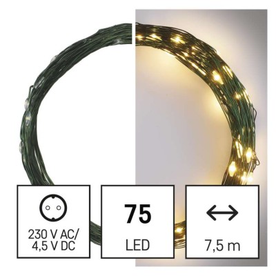 VR NANO řetěz, 75 LED, IP44, 7,5m Vánoční nano řetěz, venkovní/vnitřní, stále svítící, 75 LED, teplá, svítící část l=7,5m, přívodní kabel zelená l=5m, vč. Adaptéru 230V, IP44, časovač 6h/18h nebo stále
