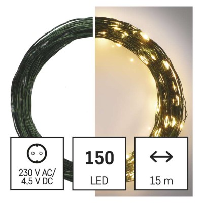 VR NANO řetěz, 150 LED, IP44, 15m Vánoční nano řetěz, venkovní/vnitřní, stále svítící, 150 LED, teplá, svítící část l=15m, přívodní kabel zelená l=5m, vč. Adaptéru 230V, IP44, časovač 6h/18h nebo stále
