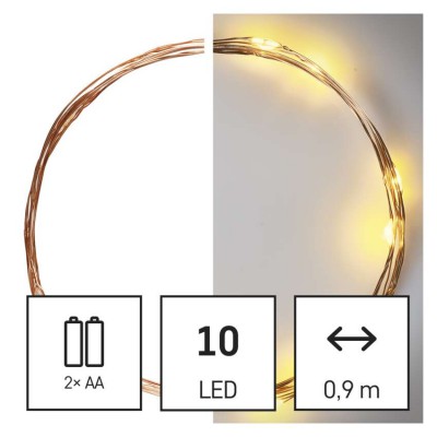 VR NANO řetěz 10 LED, baterie 2xAA, IP20, 0,9m Vánoční nano řetěz, vnitřní, stále svítící, 10 LED, teplá, svítící část l=0,9m, přívodní kabel měděná l=0,5m, na baterii 2xAA, 1,5V, IP20, časovač 6h/18h nebo stále