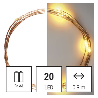 VR NANO řetěz 20 LED, baterie 2xAA, IP20, 1,9m Vánoční nano řetěz, vnitřní, stále svítící, 20 LED, teplá, svítící část l=1,9m, přívodní kabel stříbrná l=0,5m, na baterii 2xAA, 1,5V, IP20, časovač 6h/18h nebo stále