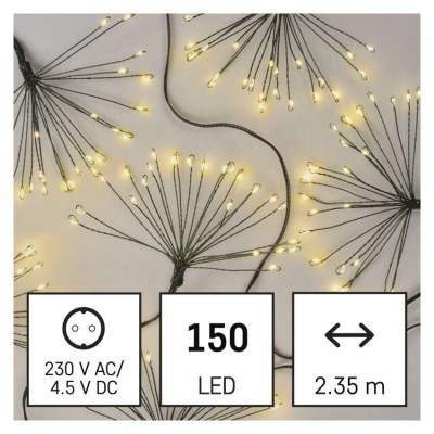 VR řetez trsy, 150 LED, 2,3m Vánoční nano řetěz, trsy, vnitřní, stále svítící, 150 LED, teplá, svítící část l=2,3m, přívodní kabel transparentní l=3m, vč. Adaptéru 230V, IP44, časovač 6h/18h nebo stále