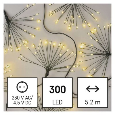 VR řetez trsy, 300 LED, 5,2m Vánoční nano řetěz, trsy, vnitřní, stále svítící, 300 LED, teplá, svítící část l=5,2m, přívodní kabel zelený l=3m, vč. Adaptéru 230V, IP44, časovač 6h/18h nebo stále