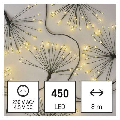VR řetez trsy, 450 LED, 8m Vánoční nano řetěz, trsy, vnitřní, stále svítící, 450 LED, teplá, svítící část l=8m, přívodní kabel zelený l=3m, vč. Adaptéru 230V, IP44, časovač 6h/18h nebo stále
