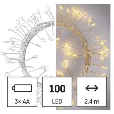 VR NANO řetez/ježek 100 LED,  baterie 3xAA, 2,4m Vánoční nano řetěz/ježek, vnitřní, stále svítící, 100 LED, teplá, svítící část l=2,4m, přívodní kabel stříbrná l=0,3m, na baterii 3xAA, 1,5V, IP20, časovač 6h/18h nebo stále