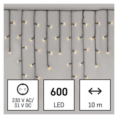 VR třásně 600 LED, 8 nast.funkcí, IP44, 10m Vánoční řetěz, třásně, venkovní/vnitřní, 600 LED, teplá, svítící část š= 0,7m, l=10m, přívodní kabel zelená l=5m, svítí stále + 8 nastav fukncí prolínání/blíkání, vč. Adaptéru 230V, IP44