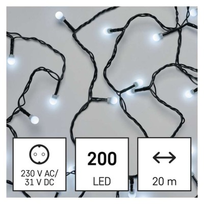 VR řetez/kuličky 200 LED, bílá, IP44, 20m Vánoční řetěz, kuličky, venkovní/vnitřní, stále svítící, 200 LED, studená, svítící část l=20m, přívodní kabel černá l=5m, vč. Adaptéru 230V, IP44, časovač 6h/18h nebo stále