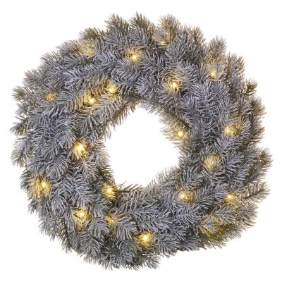 VV věnec, 20 LED, na baterii 2xAA, 40cm Vánoční věnec, jehličí, sníh, šedozelená, vnitřní, stále svítící, 20 LED, teplá 3000K, na baterii 2xAA, 1,5V, IP20, rozměr d=40cm, časovač 6h/18h nebo stále