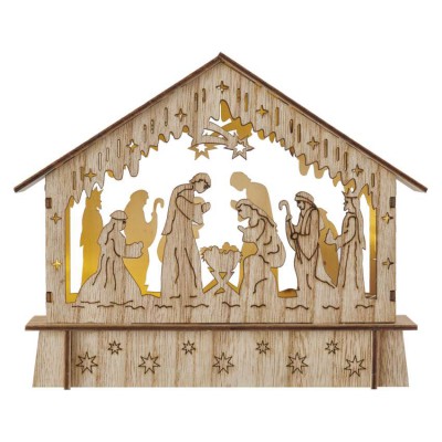 VB dřevěný betlém, 6 LED, 18x15cm Vánoční betlém, vnitřní, stále svítící, těleso dřevo, 6 LED, teplá 3000K, na baterii 2xAA, 1,5V, IP20, rozměr l=18,5cm, h=15cm, časovač 6h/18h nebo stále