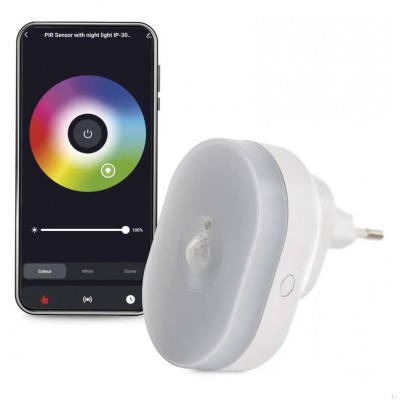 WIFI PIR senzor Noční orientační světlo do zásuvky, PIR senzor pohybu, dosah až 4m, bílá, TUYA smart WiFi, LED 0,7W, bílá 10lm, RGB, 230V, IP20, rozměry 55x75x80mm.