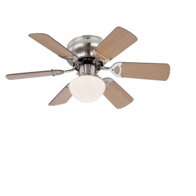 UGO Stropní ventilátor s osvětlením, těleso kov, povrch nikl, oboustranné lopatky bílá a černá antracit/ dřevo světlé a šedá, dif sklo opál, pro žárovku 1x60W, E27, 230V, rozměry d=760mm, h=280mm, ovládání pomocí tahového spínače