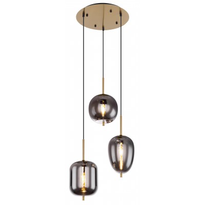 BLACKY Závěsné svítidlo, těleso kov, povrch mosaz mat, stínítko sklo kouřové, pro žárovku 1x40W, E14, 230V, IP20, tř.1, rozměry d=460mm, vč. závěs kabelů l=1200mm, lze zkrátit.