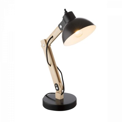 TONGARIRO Stolní lampa, dvě ramena, těleso kov, povrch černá, dřevěné a chromové detaily, kabel textil, pro žárovku 1x60W, E27, 230V, IP20, tř.1, rozměry 320x160x450mm, vč vypínače