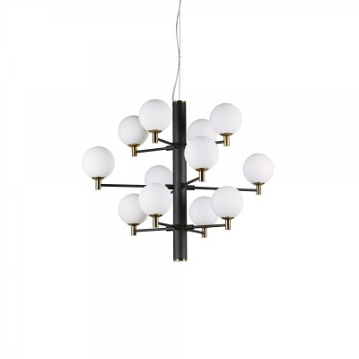 COPERNICO Závěsné svítidlo, těleso kov, povrch černá mat s mosaznými detaily, difuzor sklo opál, pro žárovku 12x40W, G9, 230V, IP20, tř.1, rozměry d=710mm, h=590mm, vč závěs kabelu l=1725mm, lze zkrátit.