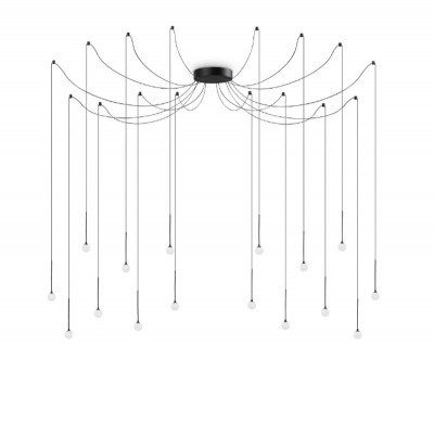 LUCCIOLA Závěsné svítidlo, lustr, základna kov, povrch černá/mosaz, difuzor plast opál, LED 16W, 1300lm, teplá 3000K, 230V, IP20, tř. 2, rozměry d=200mm, vč závěs kabelů l=5435mm, lze zkrátit.
