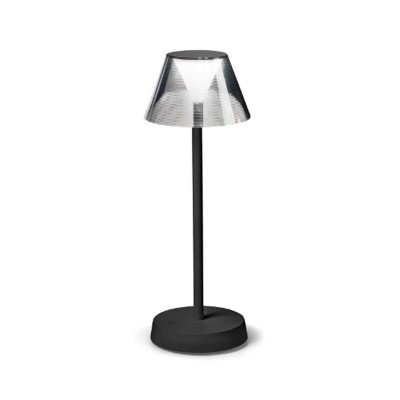 LOLITA Stolní venkovní lampa, těleso kov, povrch černá/kávová/šedá/ bílá, difuzor plast opál, stínítko sklo, LED 1,8W, 150lm, teplá 3000K, dotykové stmívání, nabíjení USB-C, výdrž cca 14 hodiny, IP54, rozměry d=125mm, h=345mm.
