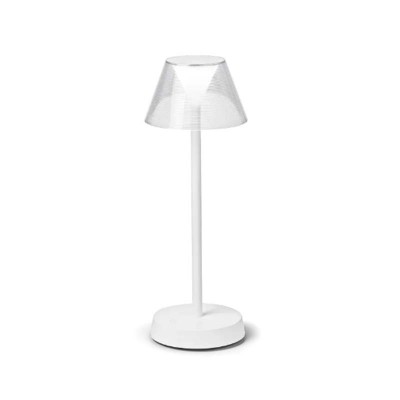 LOLITA Stolní venkovní lampa, těleso kov, povrch bílá, difuzor plast opál, stínítko sklo čiré, LED 1,8W, 150lm, teplá 3000K, dotyk stmív, nabíjení USB-C, výdrž cca 14 hodiny, IP54, rozměry d=125mm, h=345mm.
