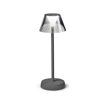 LOLITA Stolní venkovní lampa, těleso kov, šedá, difuzor plast opál, stínítko sklo kouřové, LED 1,8W, 150lm, teplá 3000K, dotyk stmív, nabíjení USB-C, výdrž cca 14 hodiny, IP54, rozměry d=125mm, h=345mm.