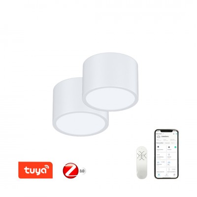 RONDATE Stropní svítidlo, 2ks, kov, bílá,  dif plast opál, LED 12W, 840lm, smart TUYA, Matter Zigbee 3.0, dálk ovl. (souč.) nebo mob. tel. CCT nast teplá 2700K-denní 6500K, stmív, 230V, d=150mm, h=100mm