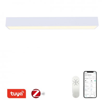 CANTO Stropní svítidlo, kov, povrch bílá, dif plast opál, LED 50W, 4220lm, smart TUYA, Zigbee 3.0, dálk ovl. (souč) nebo mob. tel. CCT nast teplota teplá 2700K-denní 6500K, stmív, 230V, 900x150x100mm