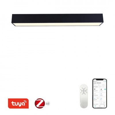 CANTO Stropní svítidlo, kov, povrch černá, dif plast opál, LED 50W, 4220lm, smart TUYA, Zigbee 3.0, dálk ovl. (souč) nebo mob. tel. CCT nast teplota teplá 2700K-denní 6500K, stmív, 230V, 900x150x100mm