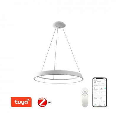 LIMITADO závné svítidlo, kov, bílá, dif plast opál, LED 48W, smart TUYA, Matter, Zigbee 3.0, dálk ovl. (souč.) nebo tel.  CCT nast teplota teplá 2700K-denní 6500K, stmív, 230V, d=800mm, h=60mm, záv l=1200mm