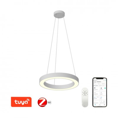PASTEL Závěsné svítidlo, kov, bílá, dif plast opál, LED 52W, smart TUYA, Matter, Zigbee 3.0, dálk ovl. (souč) nebo tel.  CCT nast teplá 2700K-denní 6500K, stmív 230V, d=600mm, záv lanko l=1200mm