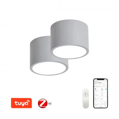 RONDATE Stropní svítidlo, 2ks, kov, šedá,  dif plast opál, LED 12W, 840lm, smart TUYA, Matter, Zigbee 3.0, dálk ovl. (souč.) nebo mob. tel. CCT nast teplá 2700K-denní 6500K, stmív, 230V, d=150mm, h=100mm