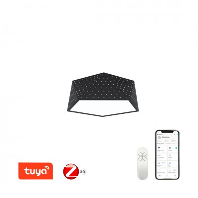 BRILIANT Stropní svítidlo, těleso kov, povrch černá, dif plast opál, LED 20W/45W/56W, smart TUYA, Matter, Zigbee 3.0., dálk ovl. (součástí) nebo mob. tel. CCT nast teplota teplá 2700K - denní 6500K, stmív.,230V, IP20, rozměry dle typu.