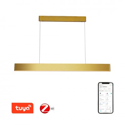 MILANO Závěsné svítidlo, kov, zlatá, dif plast opál, LED 40W, 2824lm, smart TUYA, Matter, Zigbee 3.0, dálk ovl. (souč.) nebo tel.  CCT nast teplota teplá 2700K-denní 6500K, RGB, stmív 230V, 1200x90x40mm
