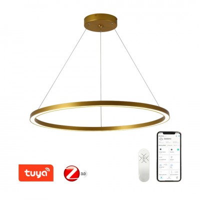 FINO LED 60W, TUYA-Z Závěsné svítidlo, kov, zlatá, dif plast opál, LED 60W, 4200lm, smart TUYA, Zigbee 3.0, dálk ovl. (souč.) nebo tel.  CCT nast teplá 2700K-denní 6500K, stmív 230V, d=800mm, záv lanko l=1200mm