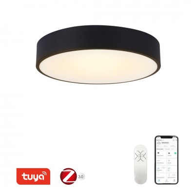 RONDATE SLIM Stropní svítidlo, těleso kov, povrch černá/bílá, dif plast opál, LED 25W/50W, smart TUYA, Matter, Zigbee 3.0., dálk ovl. (součástí) nebo mob. tel. CCT nast teplota teplá 3000K - denní 6000K, stmív.,230V, IP20, rozměry dle typu.