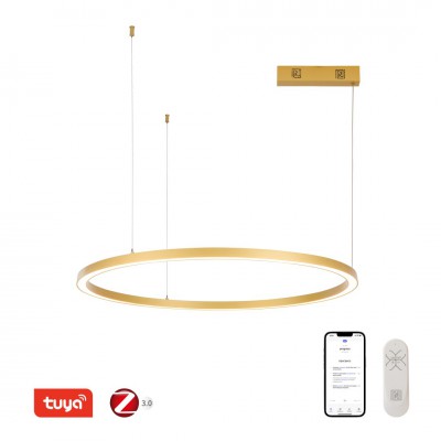 FINO NEW Závěsné svítidlo, kov, zlatá, dif plast opál, LED 60W, 4200lm, smart TUYA, Matter Zigbee 3.0, dálk ovl. nebo tel.  CCT nast teplá 2700K-denní 6500K, stmív 230V, d=800mm, záv lanko l=1500mm