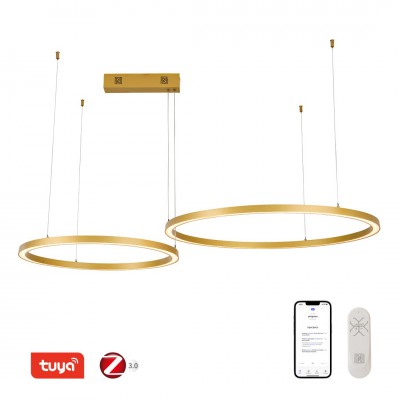 FINO NEW Závěsné svítidlo, kov, zlatá, dif plast opál, LED 93W, 6975lm, smart TUYA, Matter Zigbee 3.0, dálk ovl. nebo tel.  CCT nast teplá 2700K-denní 6500K, stmív 230V, d=800mm+600mm, záv lanko l=1500mm