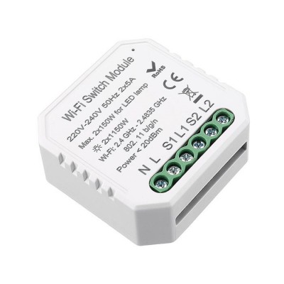 LITE, 2x5A, 2x1150W, TUYA WiFi Spínací jednotka, 2 kontakty, pro instalaci s nulovým vodičem, ovládání telefonem smart systém Tuya, Wifi, 2x5A, 2x1150W/2x150W LED, 230V, IP20, 46x46x18mm, do KU68