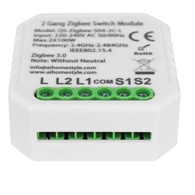 LITE 2x100W, TUYA ZigBee 3.0 Spínací jednotka, 2 kontakty, pro instalaci bez potřeby nulového vodiče, ovládání telefonem smart systém Tuya, Zigbee 3.0, 2x100W, 230V, IP20, 46x46x18mm do KU68