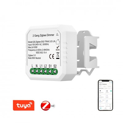 LITE 2x100W, TUYA ZigBee 3.0 Stmívací jednotka TRIAC, 2 kanály, pro instalaci se zapojením nulového vodiče, ovládání telefonem smart systém Tuya, Zigbee 3.0, 2x100W, 230V, IP20, 46x46x18mm, do KU68