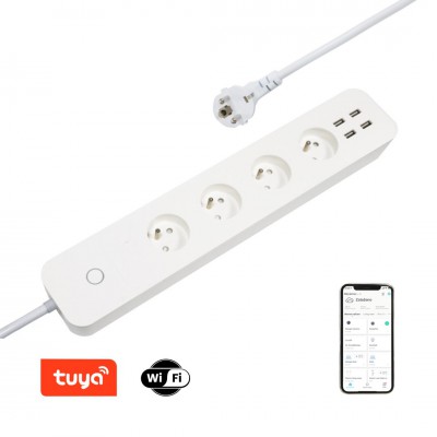 LITE Prodlužovací přívod, bílá, smart TUYA, WiFi, 1× vidlice typu E/F, 4× zásuvka typu E, 4× USB-A, 230V, IP20, délka kabelu l=1,5m.