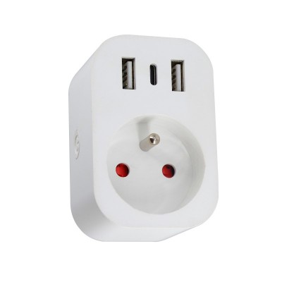 LITE Zásuvkový adaptér plast bílá, 230V, 16A, IP20, 1x zásuvka typu E, 2x USB-A, 1x USB-C, ovládání smart systémem Tuya WiFi, rozměry 76x50x76mm.