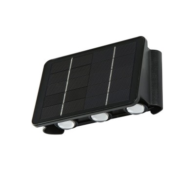 WALL Nástěnné venkovní solární svítidlo, těleso plast černá, LED 2W, teplá 3000K, baterie 3,2 V/1300mAh, svícení cca 8-10hod, IP54, rozměry 170x110x85mm, soumrakový senzor večer roszvítí, ráno zhasne