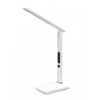 KINGFISHER Stolní lampa, vyklápěcí rameno, těleso plast, imitace kůže bílá, LED 9W, 450lm, dotyk. CCT nastav teplota 2700K-5500K, stmív., 12V, USB port, IP20, tř.3, 182x139x360mm, vč dotyk vypínače