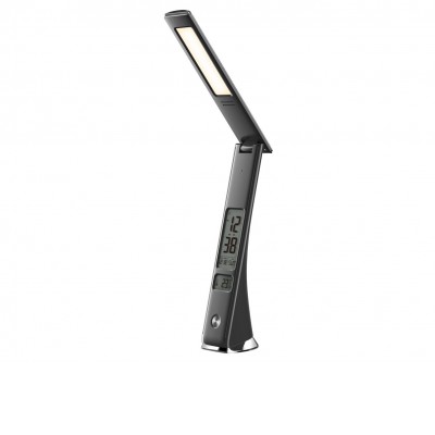 CUCKOO 5W USB Stolní lampa, těleso plast, imitace kůže bílá/černá, LED 5W, 200lm, neutrální 4000K, stmív. STEP, 5V, napájení USB, baterie 2000mAh, display čas, datum, budík, teploměr, IP20, 66x82x510mm, vč dotyk vypínače